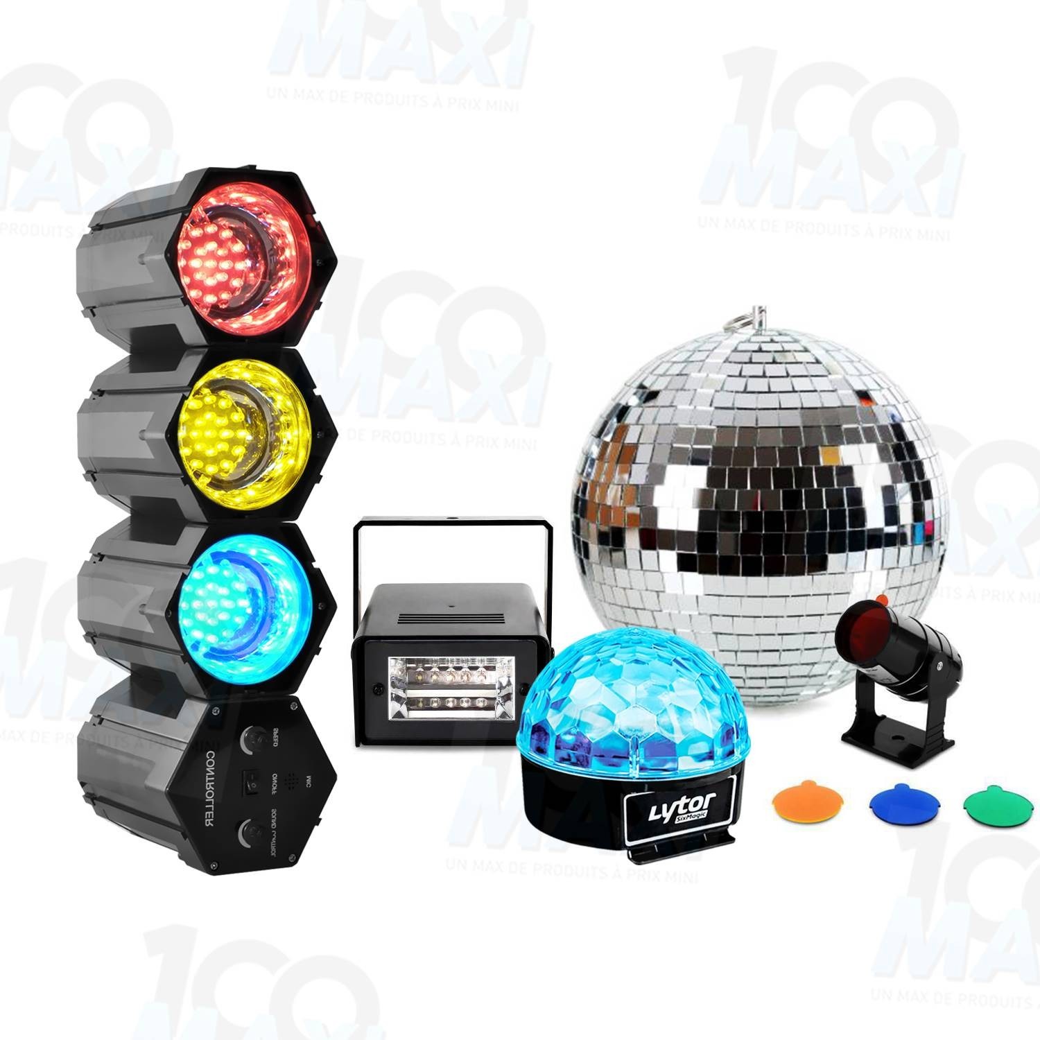 Pack lumière Boule à facettes + Projecteur 4 couleurs + Chenillard +  Stroboe + Dôme Disco