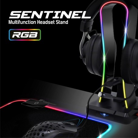 Support de casque gamer Sentinel RGB avec 4 HUB USB et bungee de gestion de  câble